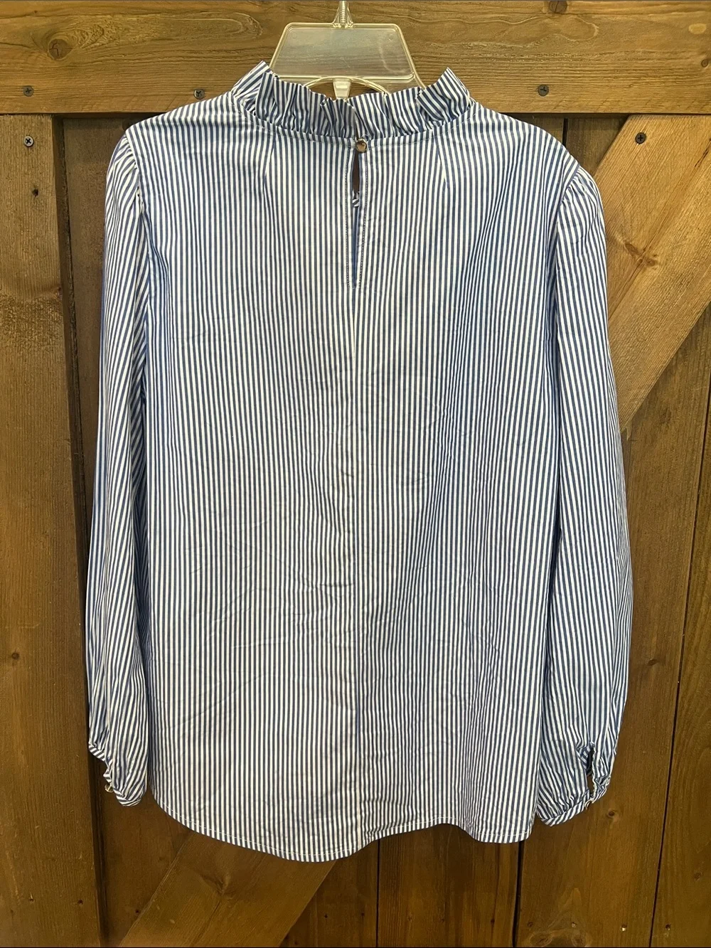 J Crew Cotton Striped Ruffle Neck Blouse in Blue and White Size S